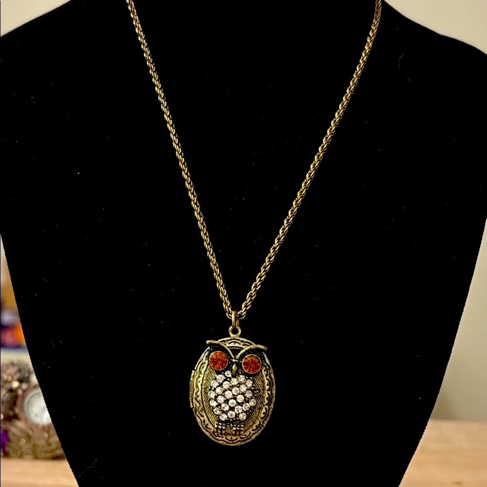 VTG BRASS TONE Owl locket Necklace
